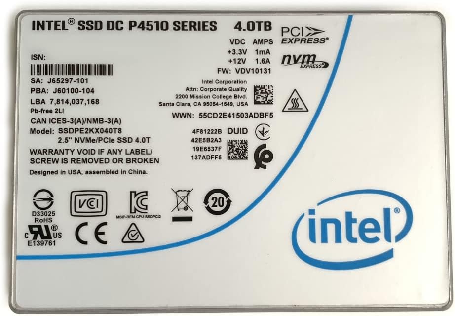 Intel 4Tb Ssd Dc P4510 2.5 U.2 Nvme Pcie Ssdpe2Kx040T8