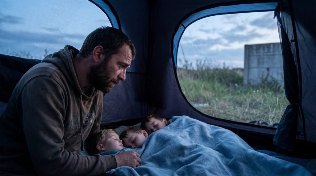 Homeless Dad Pretends To Camp Until Jean Arrives