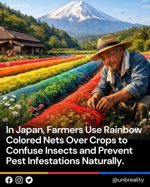 Inspirational Stories What If Bright Colors Could Guard Crops And Cut Pollution At The Same Time? In Japan, Farmers Are Using Rainbow-Colored Nets As A Natural Way To Keep Pests Away Without Relying On Chemical Sprays. These Vivid Coverings Are More Than Eye-Catching — They Disrupt How Insects See And Navigate, Making It Harder For Pests Like Aphids, Beetles, And Whiteflies To Find Their Target Plants. Nspirational Stories